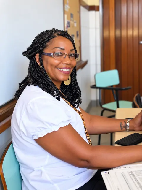 Lícia Viana sentada em uma sala de aula de escola pública