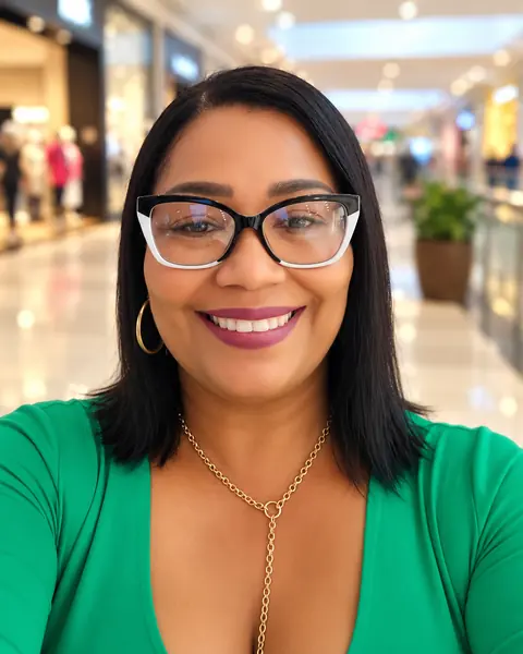 Lícia Viana de óculos e blusa verde, sorrindo