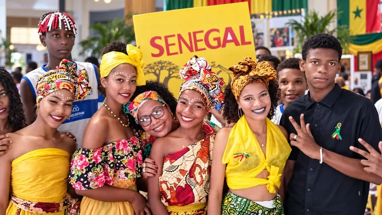 Estudantes com roupas e turbantes coloridos em projeto escolar sobre o Senegal